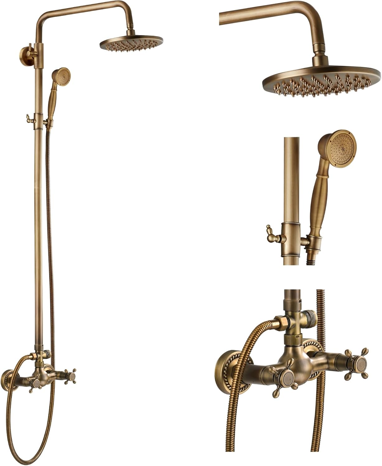 Exposed Bathroom Shower Faucet Set Shower Fixture 8 Inch Rainfall Shower Head Handheld Shower Cross Handle Wall Mount 2 Functions Antique Brass