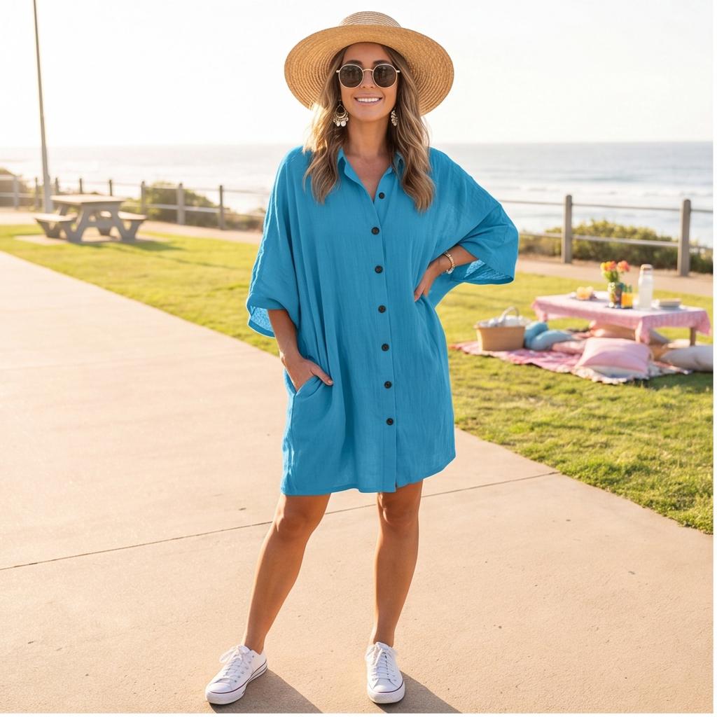 Damen Knopfleiste Ärmel Hemdkleid Lockerer Schnitt Freizeitkleider für Damen Boho Kleider für Damen Maxikleider für Damen Sommerkleider für Damen