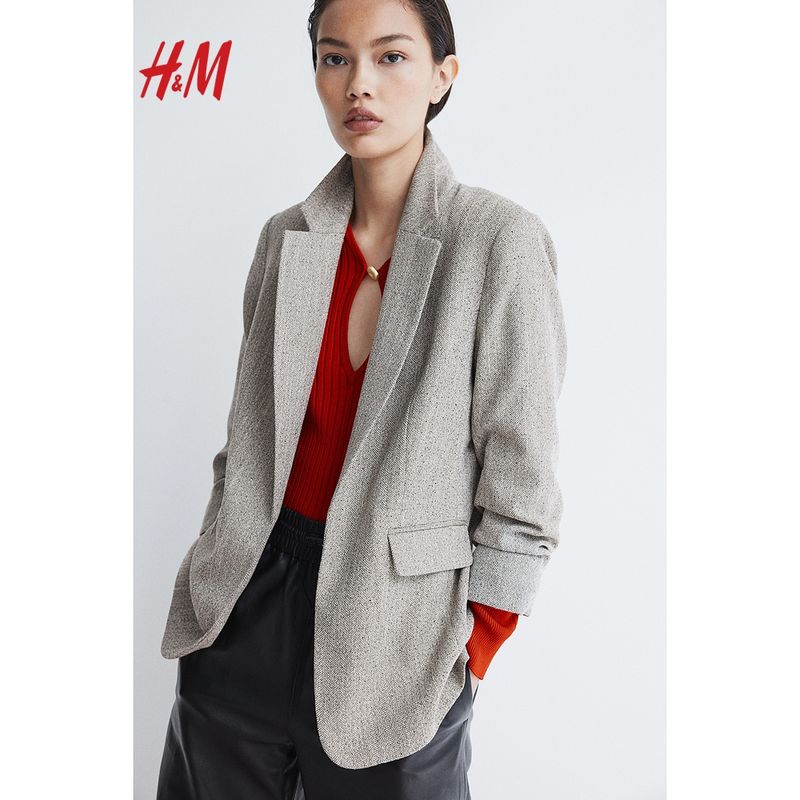 

HM Women clothes Suit 2025 Summer New Business Workplace Guest look Commuter Style Pleated Sleeve Suit Outerwear 1124589 Light beige 014 160/88(38)
