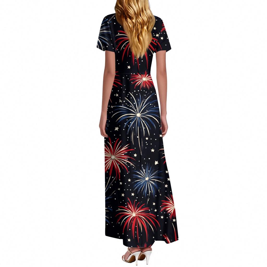 FashWomen's Loose Casual V-Neck Short Sleeved High Waisted Print Dress