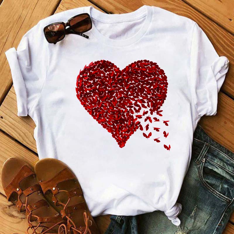 Women T Shirt Aesthetic Butterfly Love Heart Graphic Print Female Tshirt Clothing Summer Fashion Short Sleeve Kawaii T-Shirt