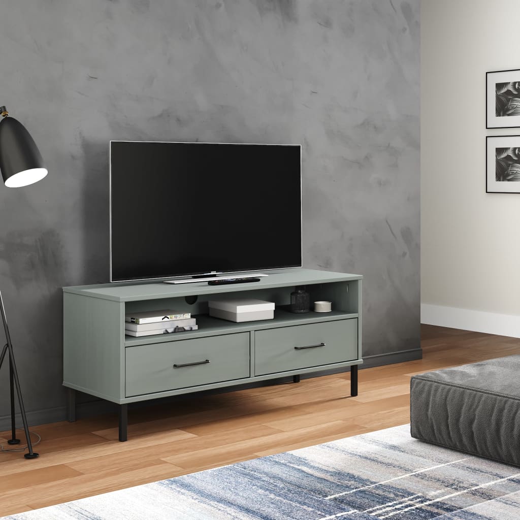 Oslo TV Stand with Metal Legs Grey Solid Pine Wood