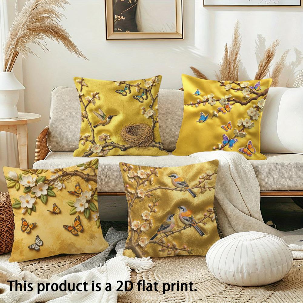 1/4Pcs Yellow Floral Bird And Butterfly Patterned Pillow Covers Sofa Bed Cushion Cover Home Bedroom Decoration, 2D Flat Printing