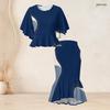 Women Plus Size Blue White Printed Two Piece Set Round Neck Batwing Short Sleeve Ruffle Hem Top Fishtail Skirt