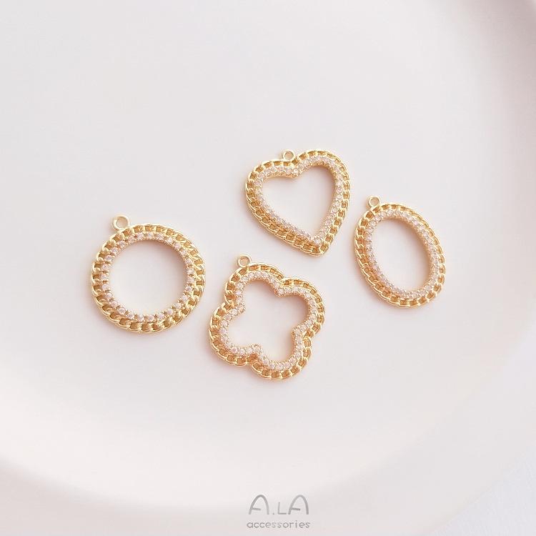 14-teiliges geometrisches Anhänger-Set in Goldton: Pfirsichherz, Kleeblatt, Zirkel, Charms Creolen