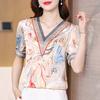 Neue Mode T-Shirt Tops Sommer High-End V-Ausschnitt Satin Print Spleißen Mode Trendige Damen