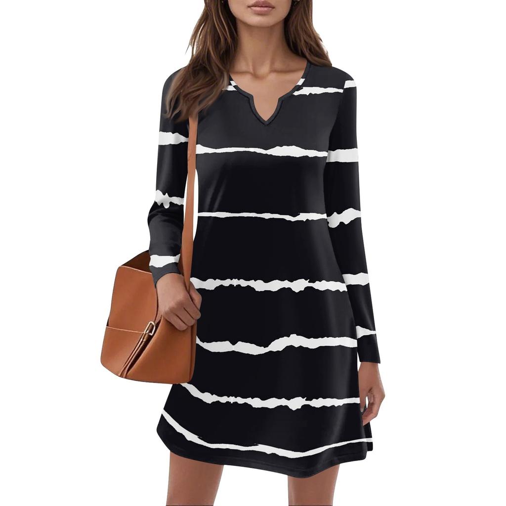 Women's Long-sleeved Casual Midi Dresses V-Neck Print  Casual Dress