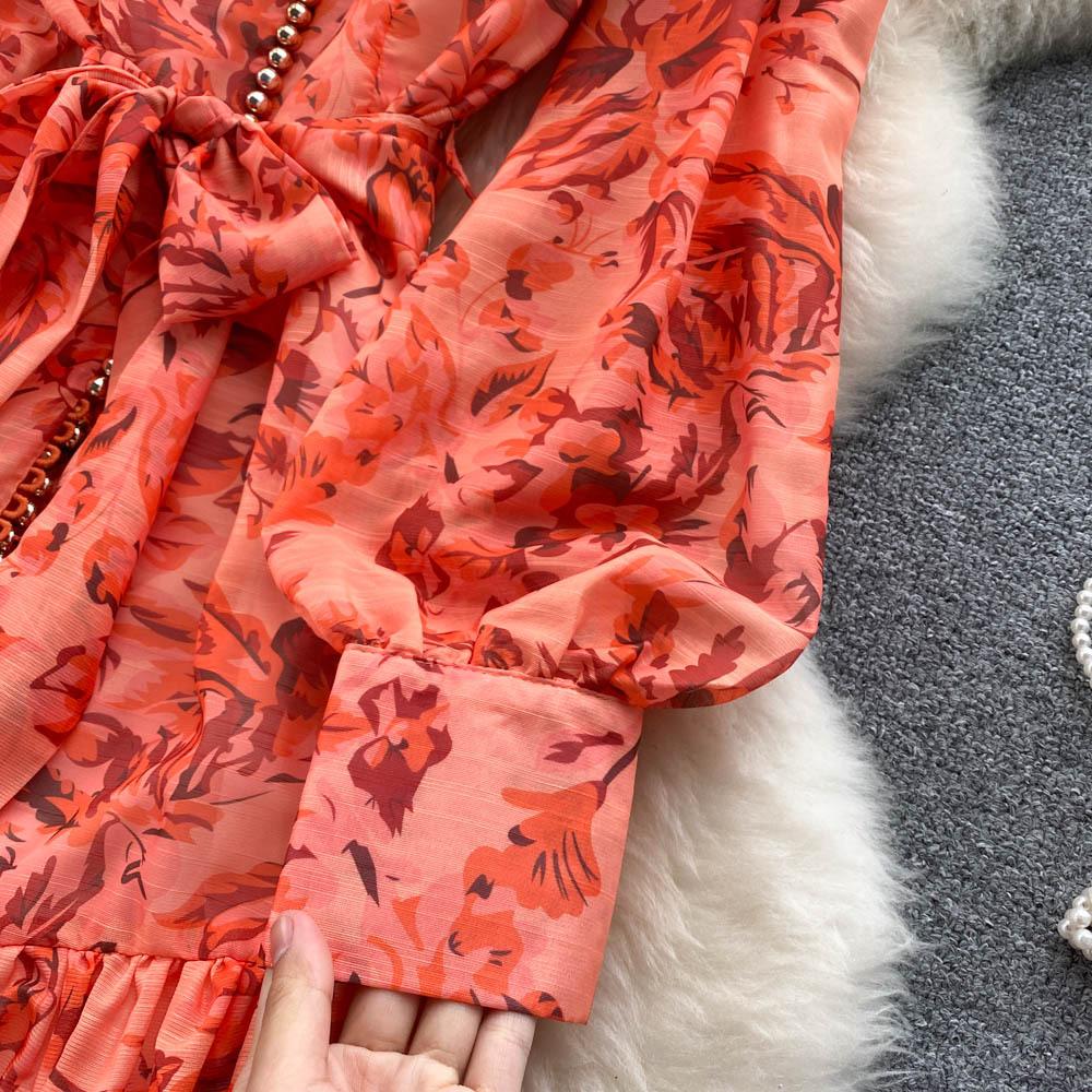 Damska Sukienka High Cold Imperial Sister Wind Wiosna i Jesień Wiązana w Pasie Elegancki Temperament Rozkloszowana Długa Sukienka