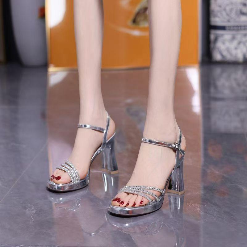 High Heel Sandals Summer New Round Toe Open Toe Rhinestone Slender Strap One Buckle Platform Block Heel Shoes