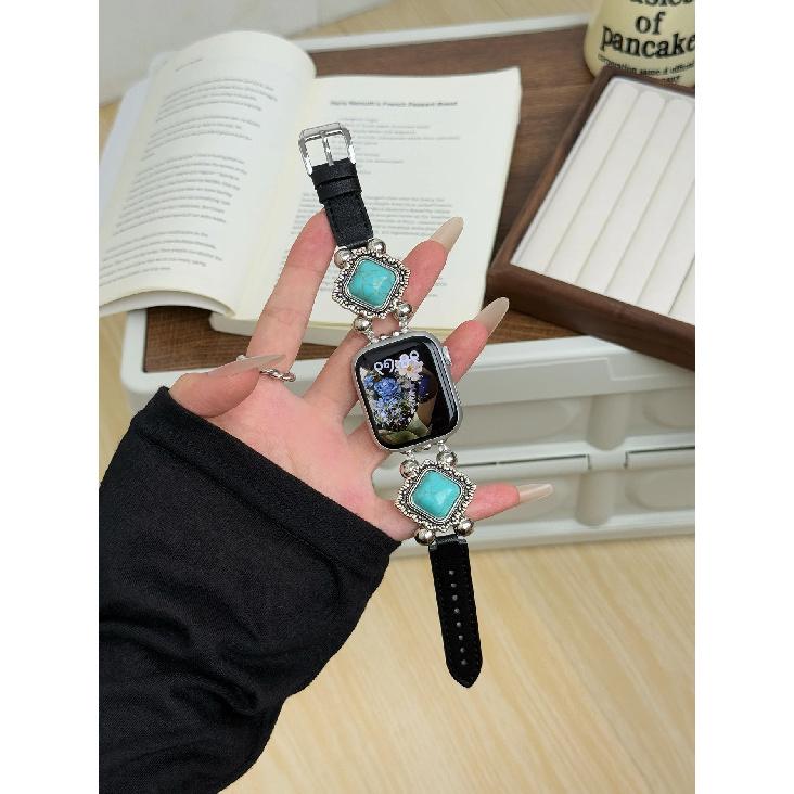 

New Turquoise Leather loop For Apple Watch band women Series Ultra 10/9/8/7/6 38mm 40mm 41mm 42mm 44mm 45mm 46mm Strap 42mm44mm45mm46mm49mm чорний