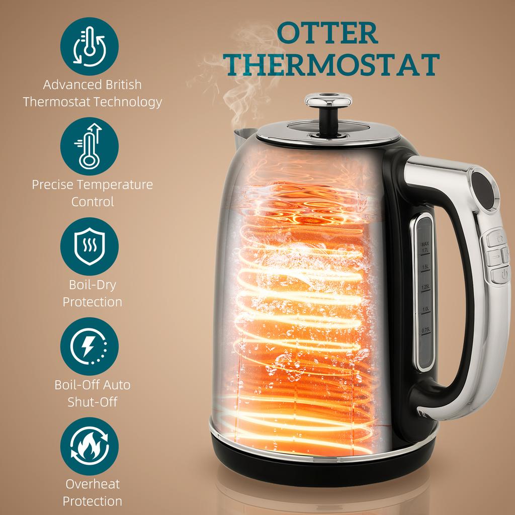 Polished Retro 40-100 degrees C Kettle and Toaster Set - Black