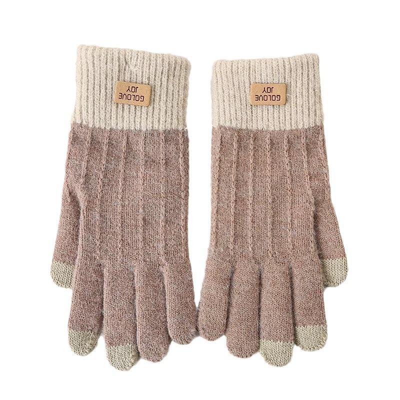 Warm gloves women's autumn and winter camel wool knitted outdoor antifreeze velvet thickened cute