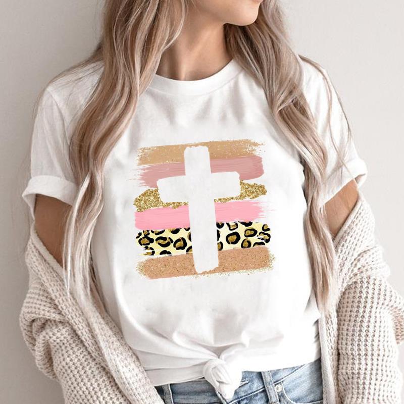 (Asian Size) sweet trend cute 90s style faith Print Short Sleeve T-shirts Casual Women's Top T Clothing O-neck Fashion Female Graphic Tee