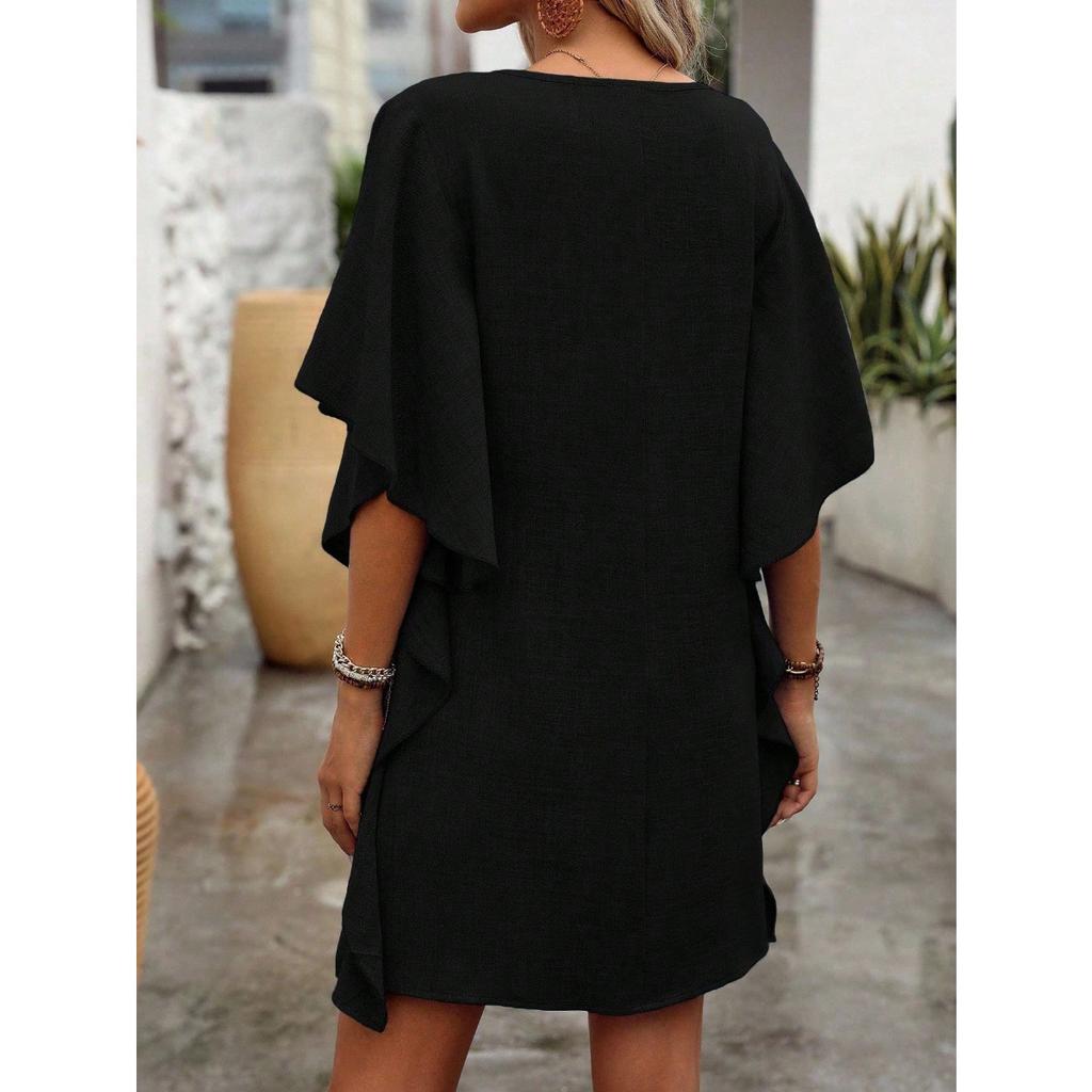 New Solid Color V-neck Ruffle Sleeve Loose Straight Casual Dress for Women, European & American Style Crossbody Dress