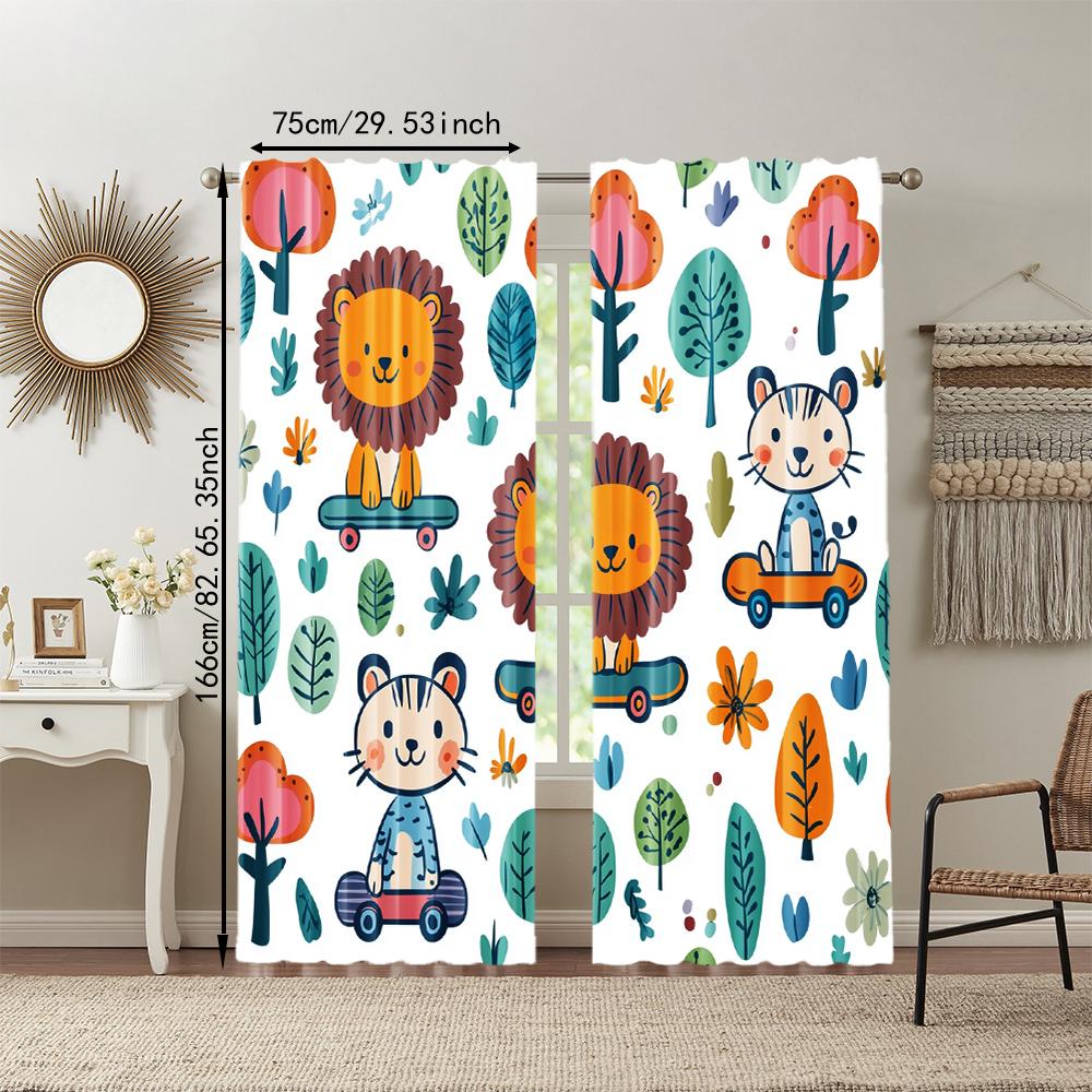 2 Pcs, Versatile Polyester Transparent Curtains for Home Decoration Cute Little Lion And Tiger Cartoon for Use In Bedrooms and