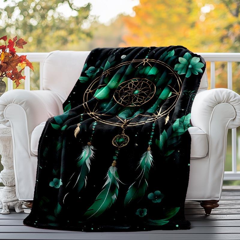 1pc Green Dream Catcher Printing Lightweight Flannel Blanket, Comfortable and Warm Blanket, for Camping Sofa Bed and Couch Office, Suitable f