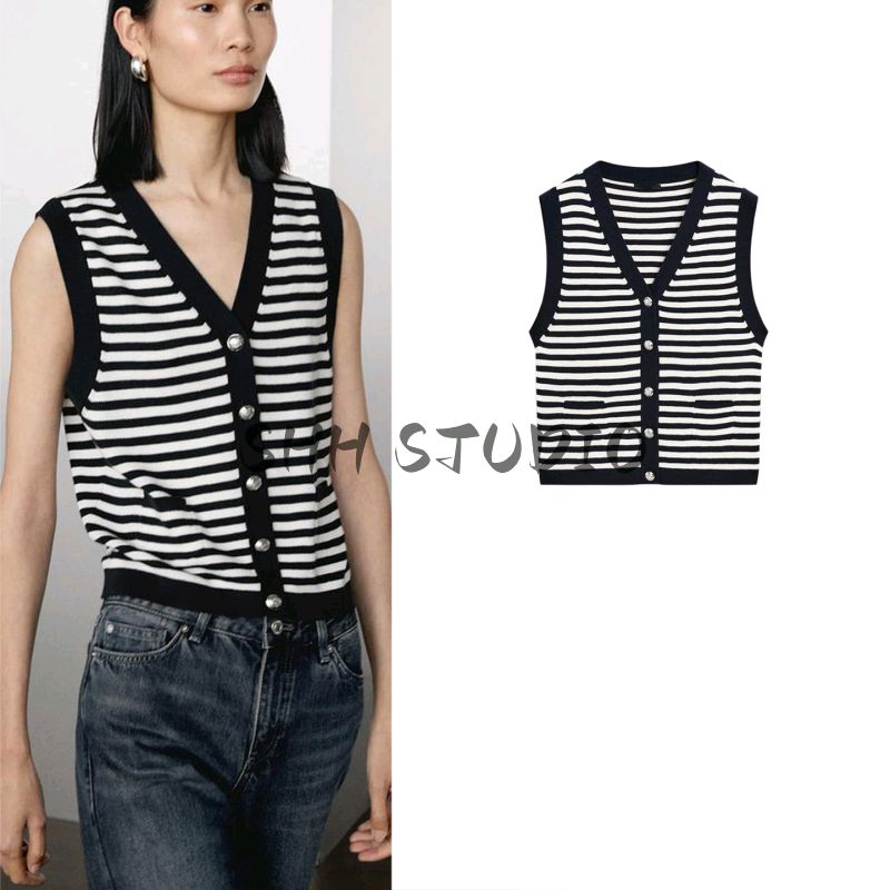 MD Summer New Arrival Women's Clothing Classic Style Gold Sense Stripes Cotton Blend V Neck Sleeveless Knitting Vest 5783800