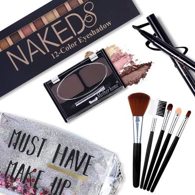 All-in-One Make-up Kit 12 Farben Nude Schimmer Lidschatten-Palette Wasserdichter Schwarzer Eyeliner Stift Duo Gepresstes Augenbrauenpuder Set 01, 1 Stück