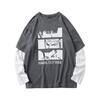 SCIONE Fake Two Hoodies Lose Langarm-T-Shirts Herren Nähte Rundhalsausschnitt Anime Print Shirt Herrenkleidung