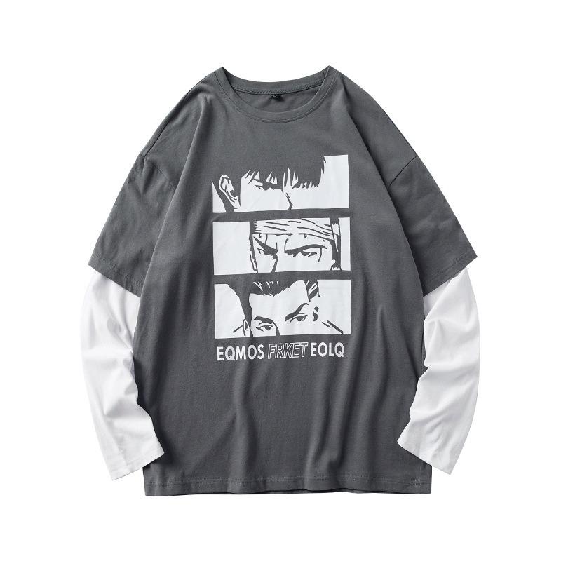 SCIONE Fake Two Hoodies Lose Langarm-T-Shirts Herren Nähte Rundhalsausschnitt Anime Print Shirt Herrenkleidung