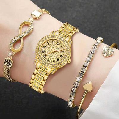 4-delige Gouden Legering Band Dameshorloge Set Luxe Trend Mode Kwarts Horloge Armband Set Geschikt voor Dagelijkse Kleding Combinatie