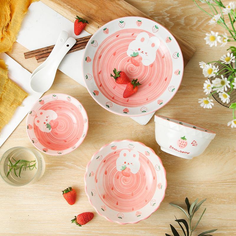 Creative Cartoon Underglaze Ceramic Dishes Tableware Household Strawberry Rabbit Salad Rice Dishes Housewarming Gift Combination