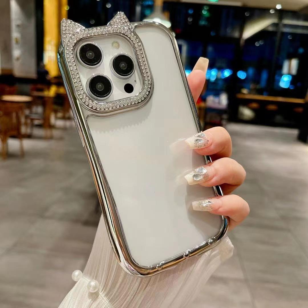 

Кошачьи ушки с бриллиантами Подходит для мобильного чехла IPhone16 Градиентный блестящий порошок Apple 15 Все включено 14ProMax Мягкий чехол 13 iPhone11proMax