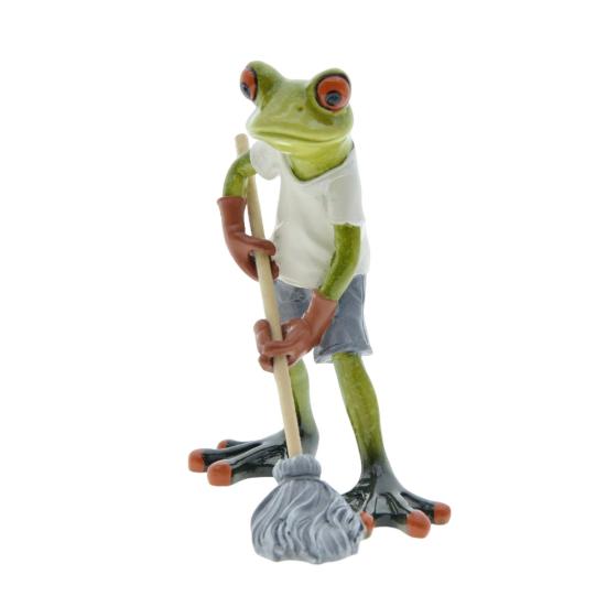 Mopping Cartoon Frog Figurine Doing Resin Statue Housework Frog Sculpture Home Office