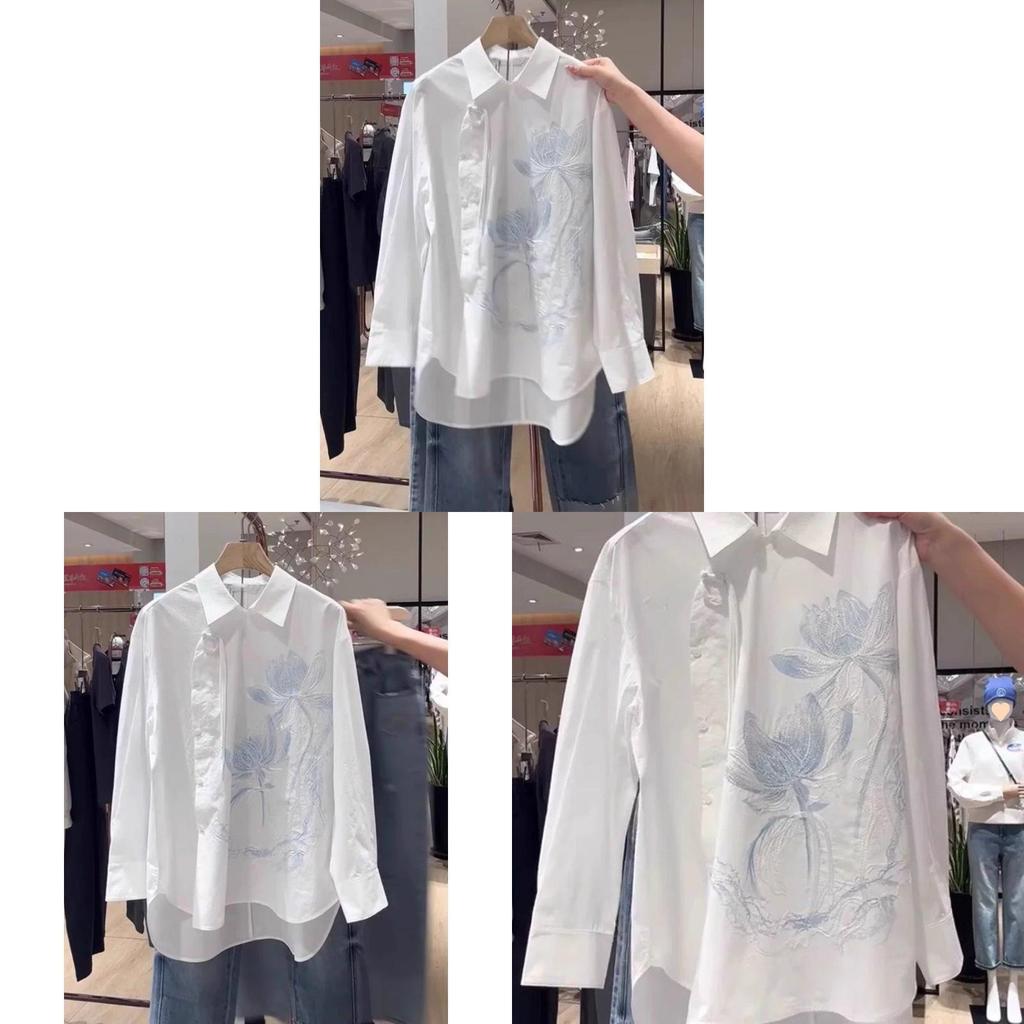 Modern Chinese Style Embroidered Long Sleeve Shirt With Polo Collar For Office Wear