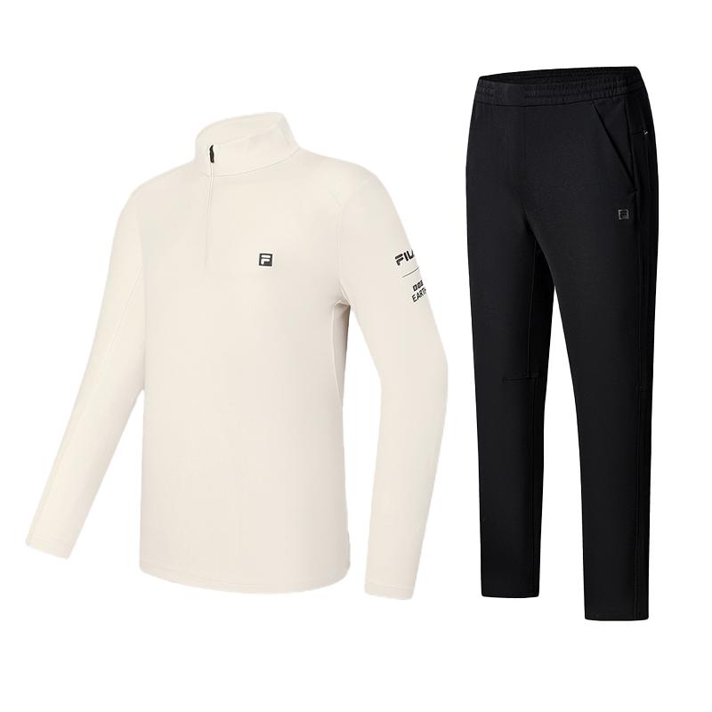 

Fila Удобная однотонная футболка для фитнеса с воротником-стойкой и длинным рукавом и тканевые длинные брюки средней посадки, повседневный спортивный костюм A11M447202F-BG+A11M411806F-BK M