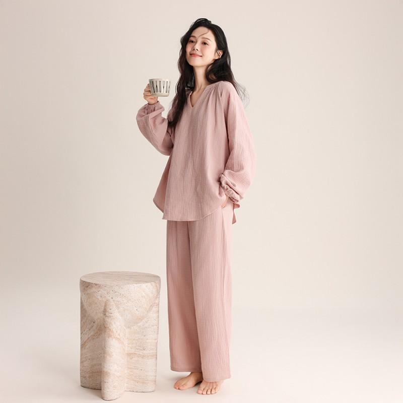 Womens Lightweight Cotton Pajama Set V-Neck Long Sleeve Loose Lounge Wear