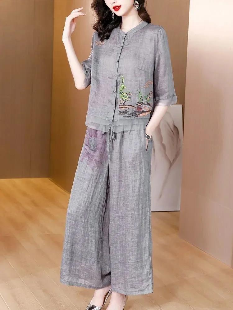 Fashionable Embroidered Cotton Linen Two-Piece Set with Wide Leg Pants for Middle-Aged And Elderly Women Summer Clothing