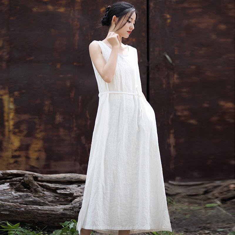 

2025 Autumn/Winter Women s Cotton & Linen Ramie Tie-Up Sleeveless Dress - Long Artistic Skirt for Home & Travel One Size белый