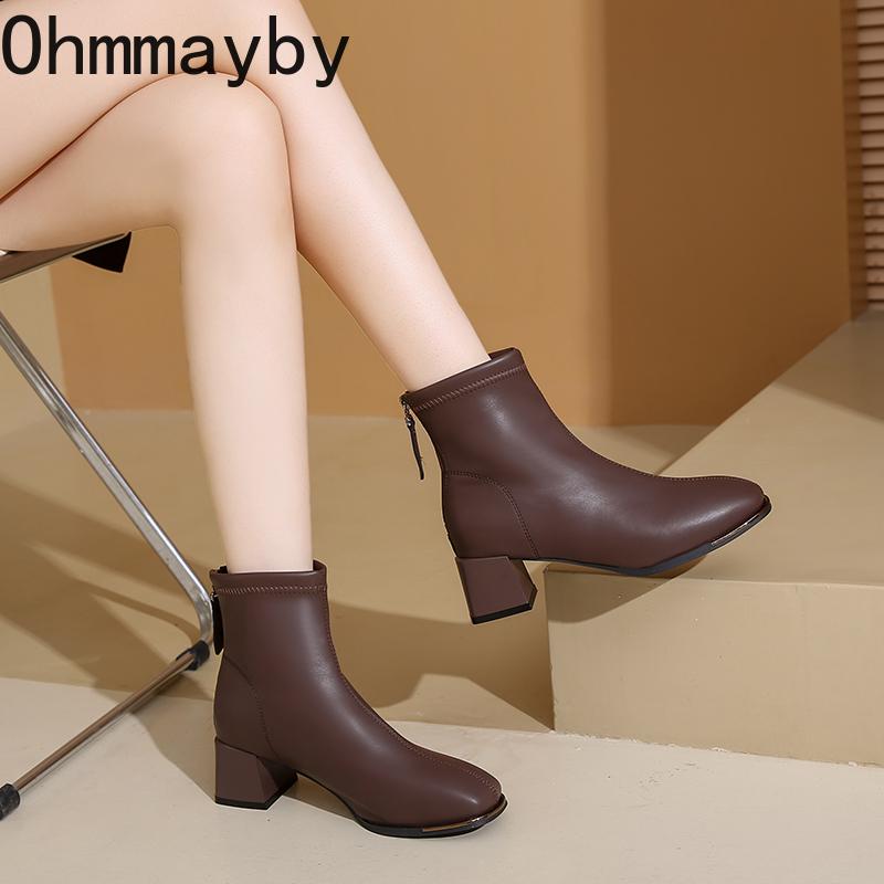 Autumn Winter Women Thick Heel Ankle Fashion Metal Square Toe Street Party Short Botas Mujer for Adult Women