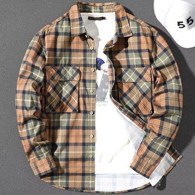 Retro Kariertes Langarmhemd Herren Frühling und Herbst Tide Locker Übergröße Lässig Arbeitshemd Herrenhemd