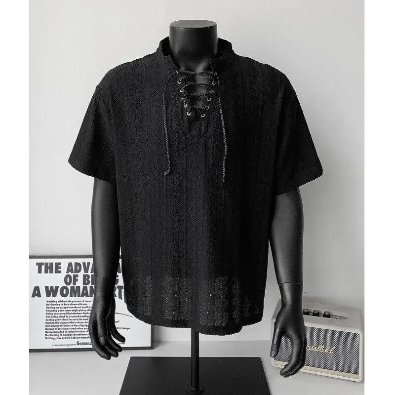 

Men s Black Lace-Up Stand Collar Shirt Casual Loose Fit Short Sleeve Textured Top XXL чорний