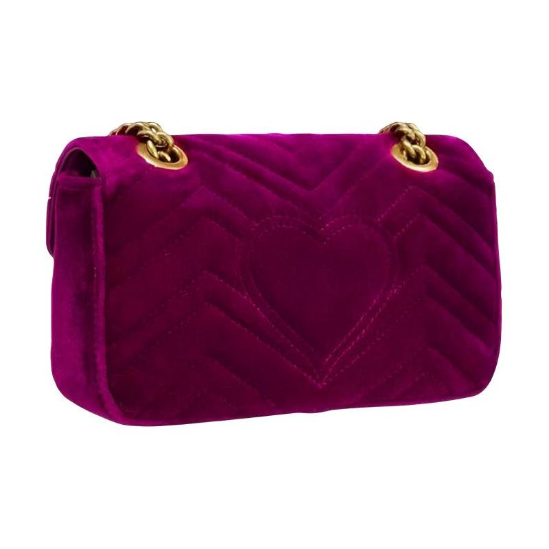 Gucci GG Marmont Marmont Gold Label Logo Trapuntato Catena Velluto Borsa a Tracolla Borsa a Spalla Donna Viola Scuro