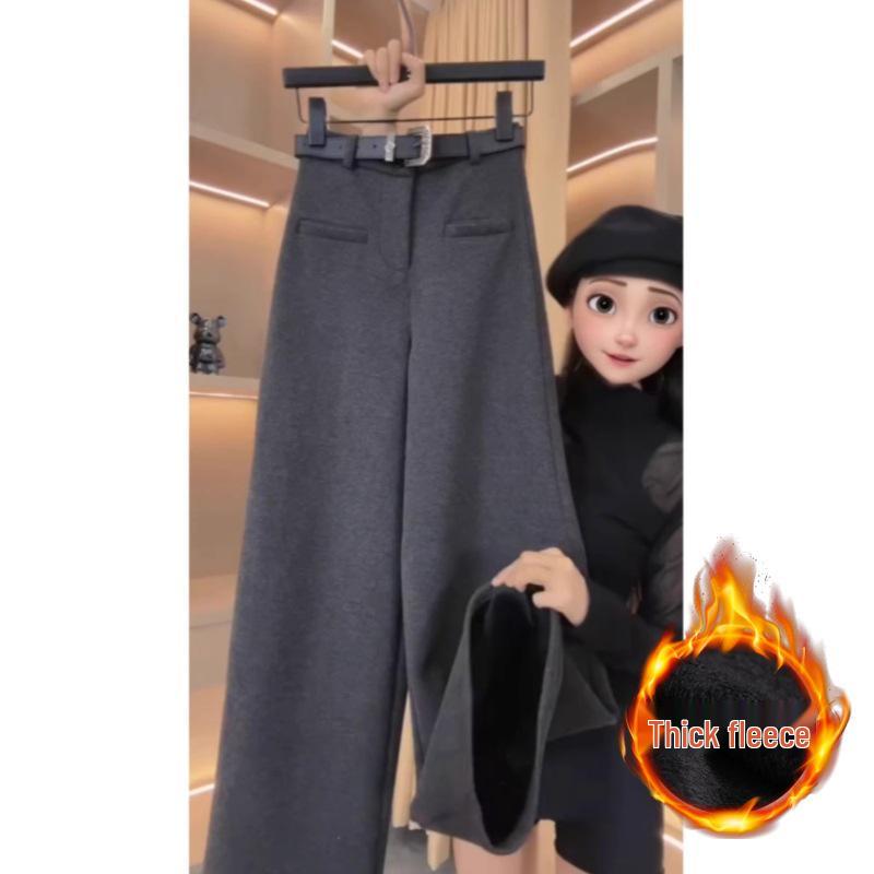 Women's Wool Wide-Leg Pants: Spring/Fall Loose Fit, Straight-Leg, Slimming Pockets with Velvet for Winter.