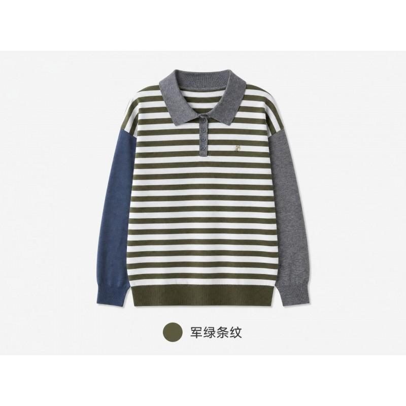 Womens Black White Striped Knit Polo Sweater Long Sleeve Fall Casual Top
