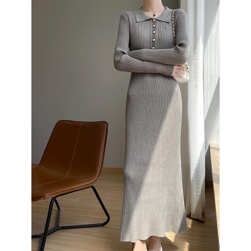 Women's Extra Long Slimming Knitted Polo Collar Dress for Autumn and Winter