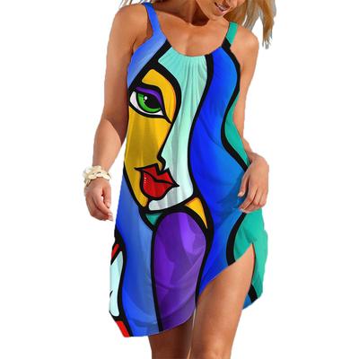 Europe America Women's Artistic Style Design Slip Dress Summer Trend Casual Short Dresses Loose Woman 3D Print Sleeveless Skirt