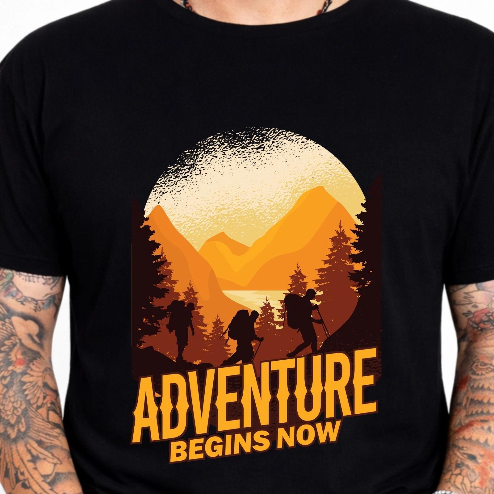Hiking T Shirt Adventure Begins Now Mountain Outdoor Graphic Tee Camping Nature XXL