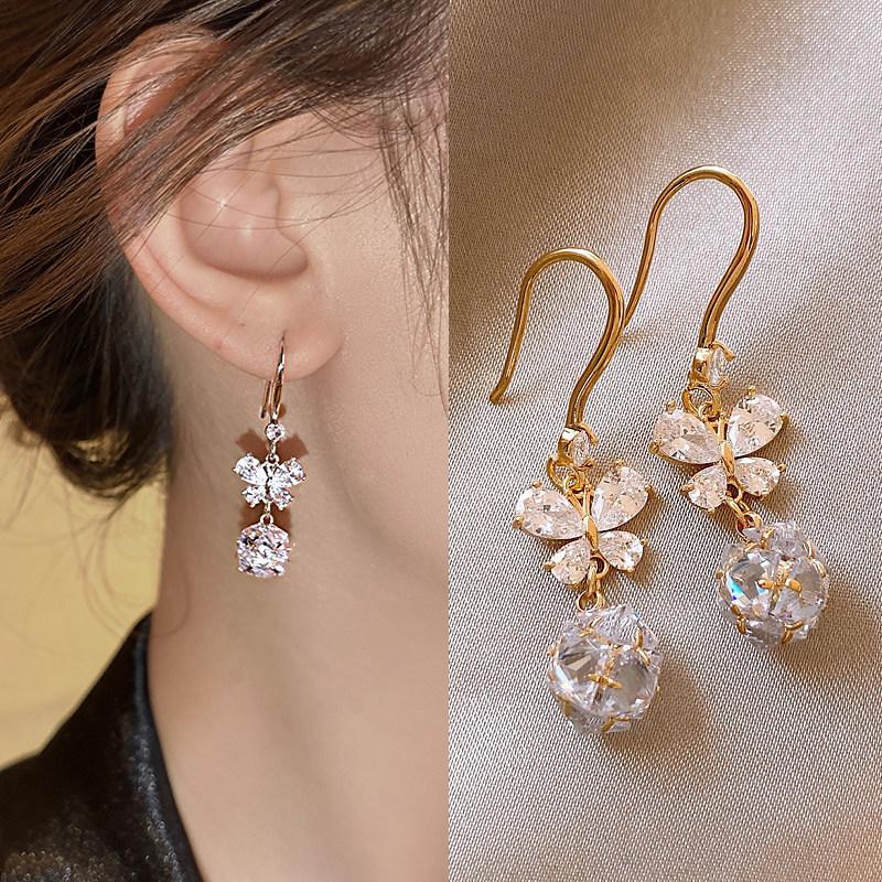 18k real gold electroplated Korean super flash zircon butterfly earrings, ear hooks, exquisite earrings for women