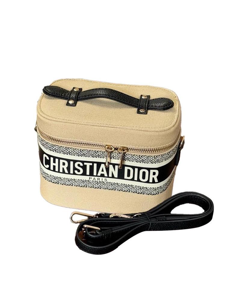 Dior Beauty Peripheral Cosmetic Case, Beige Striped Travel Makeup Box, Women Brand Cosmetic Handbag with Detachable Shoulder Strap