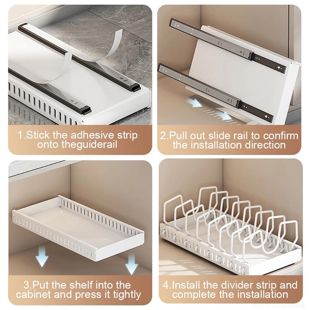 Kitchen Pots and Pans Organizer Under Cabinet Sliding Drawer Pot Lid Organizer Pull Out Cabinet Storage Tray with 8 Dividers