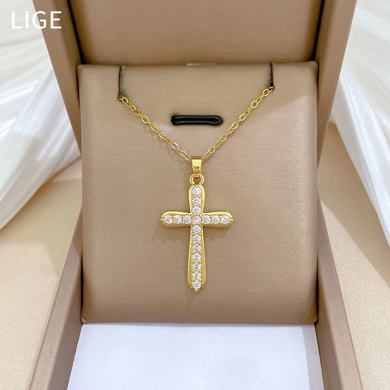 Cross Full Diamond Light Luxury Temperament Gorgeous Full Diamond Necklace Women'S Versatile Collarbone Chain Titanium Steel Chain