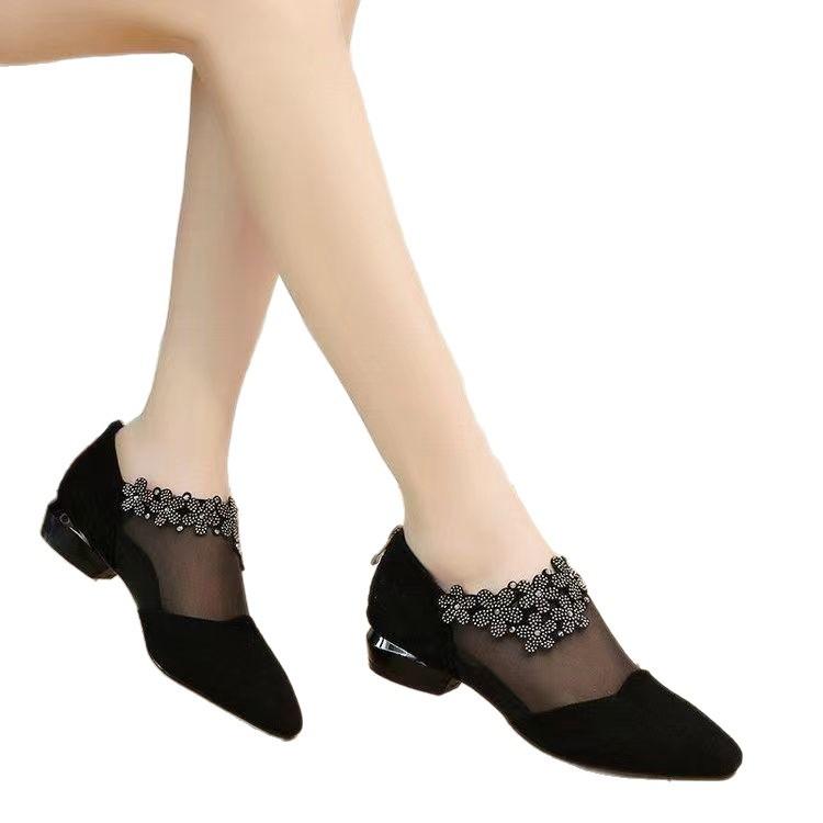 Baotou fritid blomst rhinestone stor størrelse rund tå matt damesko meshgarn lav hæl hul flat hæl enkeltsko