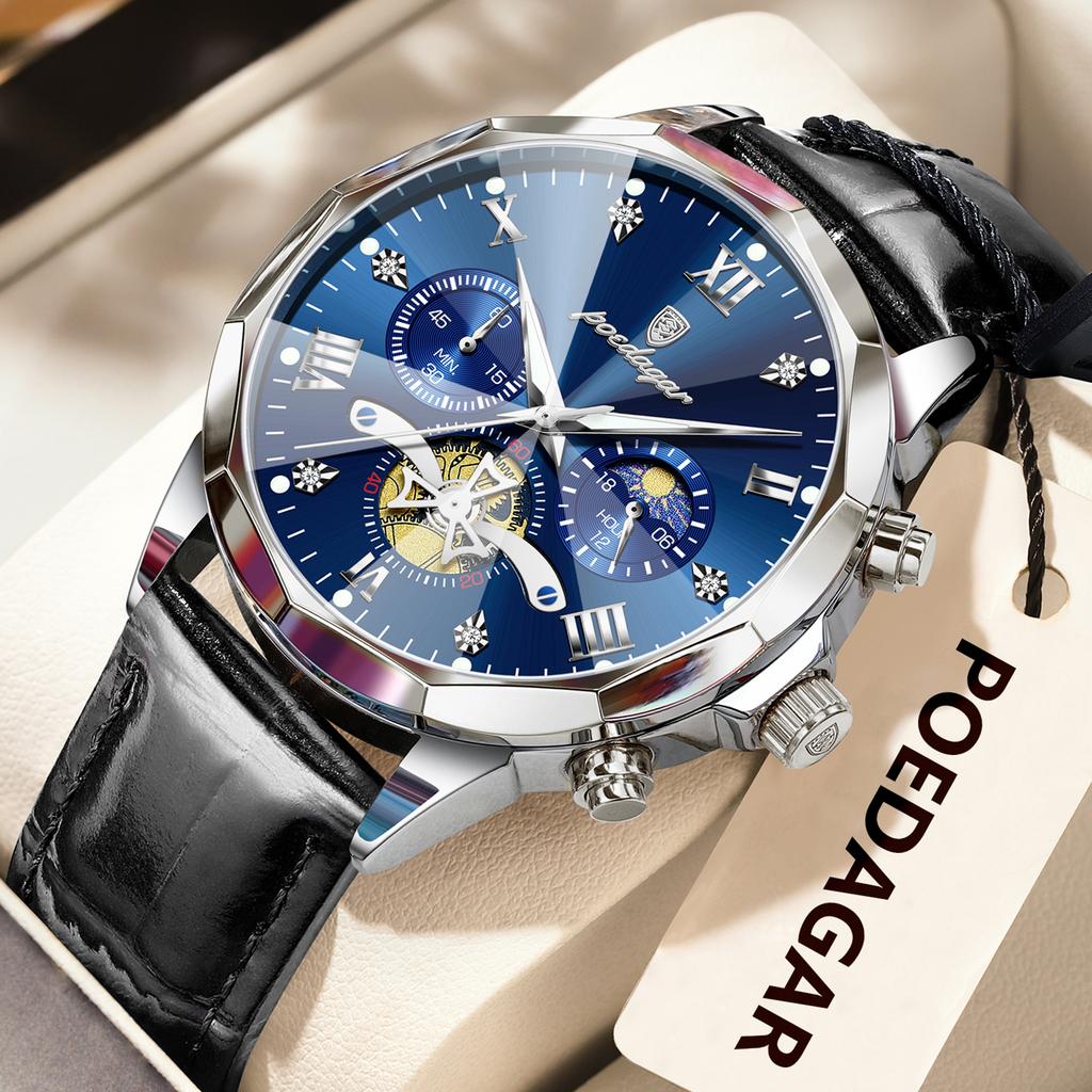 Luxury Men Wristwatch Quartz Waterproof Luminous Moon Phase Chronograph Leather Man Watch Male Reloj
