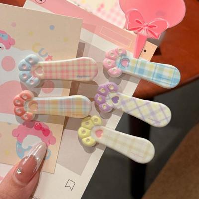Girl Hairpin Plaid Pattern Cat Paw Shape Hair Clips Stable Clamping Force