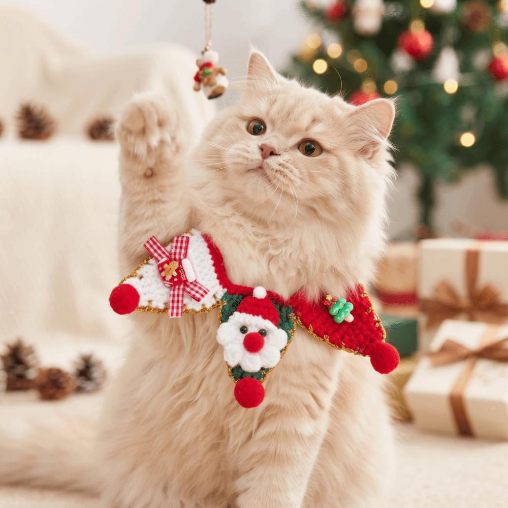 Knitted Yarn Pet Tree Hat Soft Texture Knit Kitten Collar Christmas Cat Scarf Photoshoot